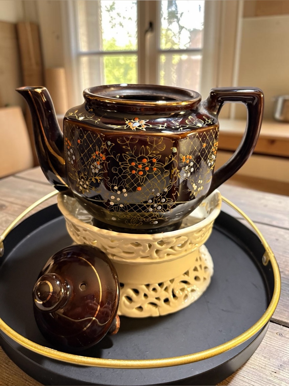 Brown Floral Ceramic Teapot with Gold Detailing